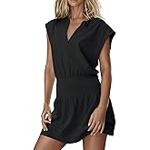 InterNos Womens Summer Mini Dress Lightweight V Neck Cap Sleeves A-Line Casual Athletic Dress