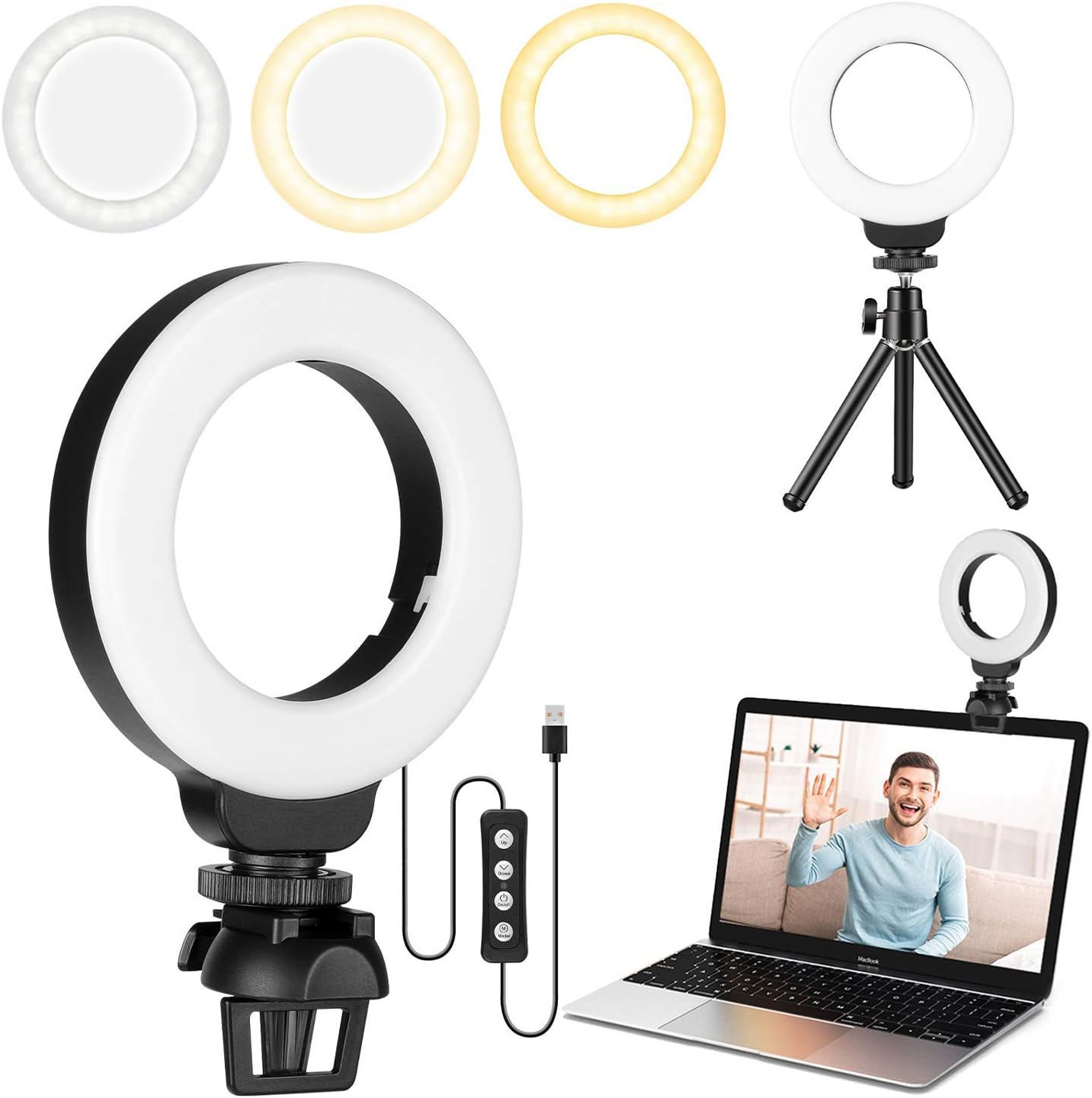 FDKOBE 4” Small Ring Light for Laptop/Computer with Clip and Tripod ...