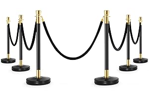 Dragosum Stainless Steel Stanchion 6Pcs Red Carpet Ropes and Poles, Crowd Control Barriers, Post Queue with 5Pcs Velvet Rope, Crown Top Sand Injection Hollow Base for Party, Wedding (Black Rope)