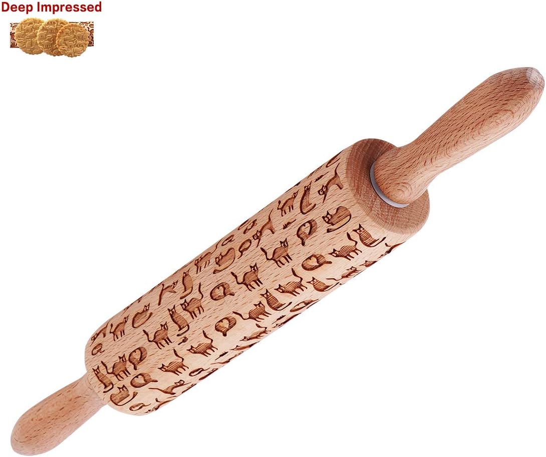 Embossed Rolling Pin with Cats Pattern, Wood Cat Rolling Pin for Baking, Perfect to Make Cookies, Pastry, Pies Fondant and so on