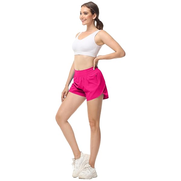 AUREFIN RUNNING SHORTS FOR WOMEN, HIGH WASITED ATHLETIC SHORTS WITH LINER AND ZIP POCKET WOMENS WORKOUT SHORTS 4 INCH SONIC PINK/SMALL