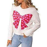 ShawGobow Heart Sweater with Bow,Crewneck Knit Sweaters for Women,Cute Holiday Valentines Outfits