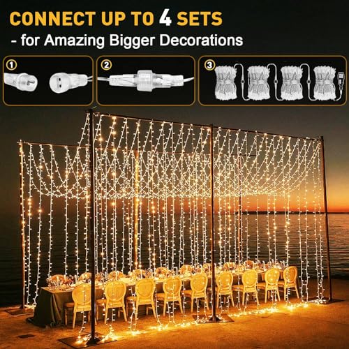 yowin 6 m x 3 m 600 LED Waterfall Lights Waterproof IP65 with Timer, 8 Modes Tent Lights with Socket for Wedding, Gazebo, Window, Wall, Garden – Warm White