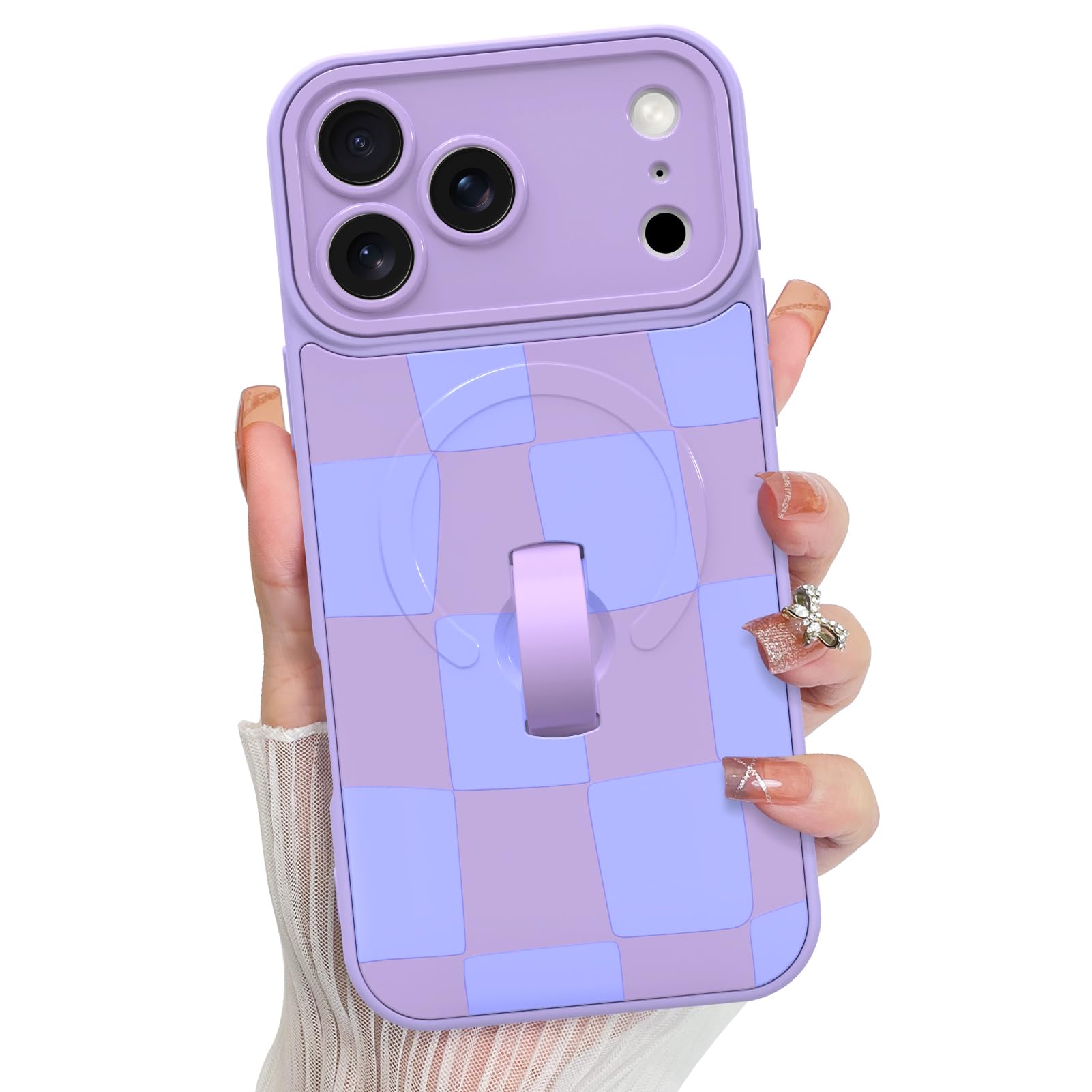 Photo 1 of KANGHAR Compatible with iPhone 17 Pro Case, Support for MagSafe, Silicone Checkered Cute Pattern, Wristband Kickstand Camera Protection Soft Slim Cover for Girls Women -Purple