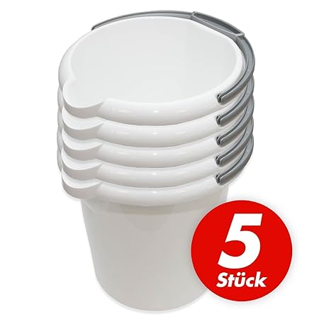 Putzeimer Set - 5 Stück mit Ausguss und Skala, 10 Liter - Eimer rund, Wassereimer Kunststoff, Haushaltseimer Plastik - versch