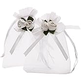 SumDirect Rose Organza Gift Bags - 50Pcs 4x5 inch White Wedding Favor Gift Bags, Jewelry Pouches with Drawstring for Party Wedding Christmas Valentine