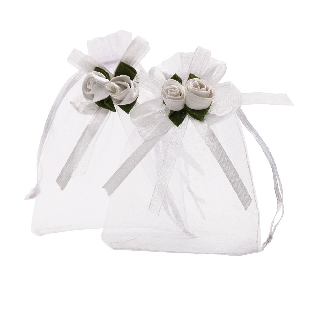 SumDirect 50Pcs 10x12cm Sheer Organza Bags White Rose Drawstring Bag Candy Pouches Jewelry Bags Wedding Party Favor Gift Bags for Christmas Baby Shower