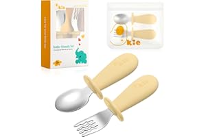 Qkie Toddler Utensils, Toddler Forks and Spoons, Baby Spoons Self Feeding, Stainless Steel Baby Silverware with BPA Free Silicone Easy Grip, 8 Months+