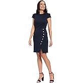 London Times Womens Short Sleeve Round Neck Sheath Dress with Button Detail - Professional Work Dresses