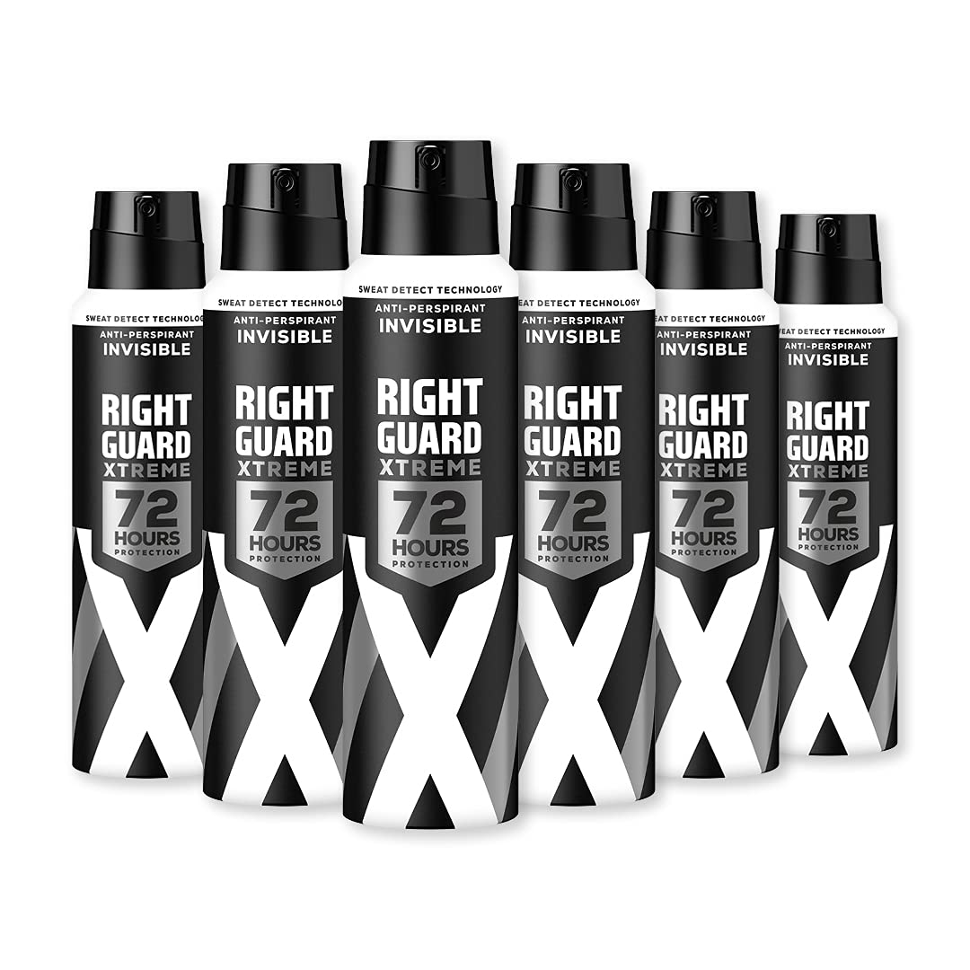 Right Guard Mens Deodorant, Xtreme Invisible 72H High-Performance Anti-Perspirant Spray, Multipack 6 x 150 ml