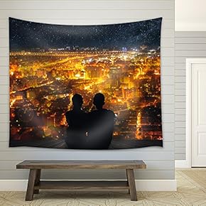 Silhouette of Young Asian Couple Sit on Wooden Ground Above The City Under Stars. - Fabric Wall Tapestry Home Decor - 51x60 inches