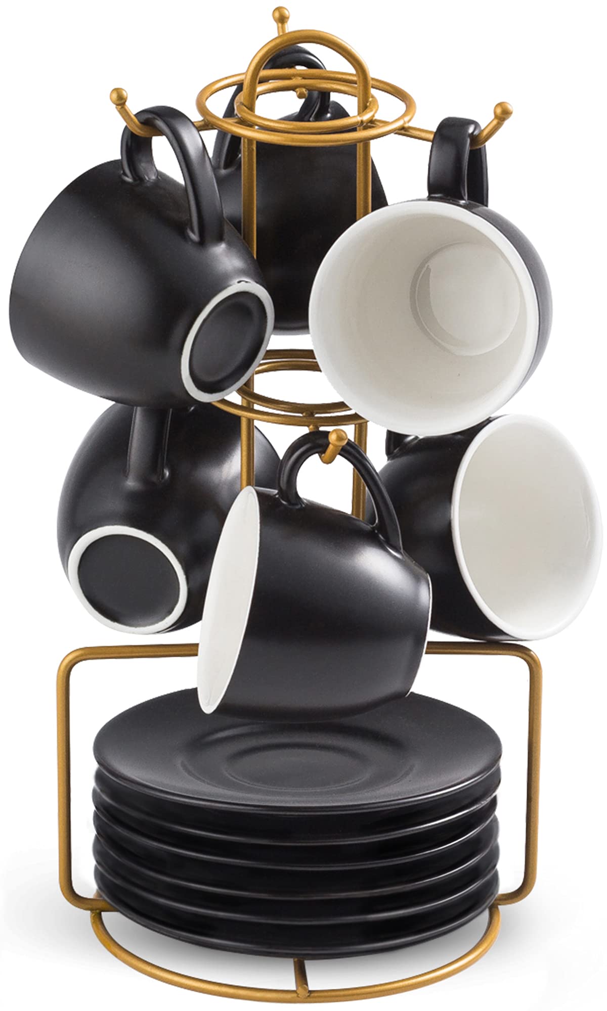 Photo 1 of YHOSSEUN 3 Ounces Espresso Cups with Saucers Set, Porcelain Latte Cups and Metal Stand Demitasse Cups for Espresso, Latte, Cafe Mocha, Cappuccino and Tea, Set of 6, Black