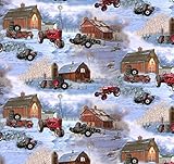FARMALL BARNS AND TIRES SCENIC ALLOVER COTTON FABRIC-INTERNATIONAL HARVESTER FARMALL TRACTOR COTTON FABRIC SOLD BY THE YARD