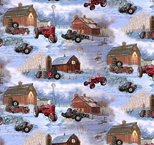 FARMALL BARNS AND TIRES SCENIC ALLOVER COTTON FABRIC-INTERNATIONAL HARVESTER FARMALL TRACTOR COTTON FABRIC SOLD BY THE YARD