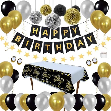 ZNZ Deko Geburtstag, Partyzubehör Schwarz-Gold Sets mit Happy Birthday Banner Dekoration 
