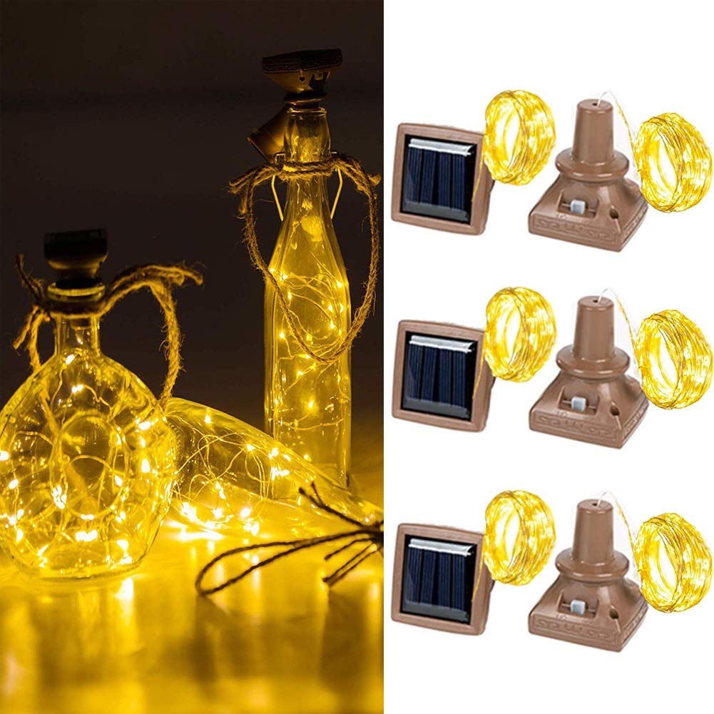 Toifucos Solar Wine Bottle Lights, 6 Pack 20 LED Waterproof Copper Cork Shaped Lights Firefly String Lights for DIY Wedding Party Outdoor, Holiday, Garden, Patio Pathway Decor, Warm White