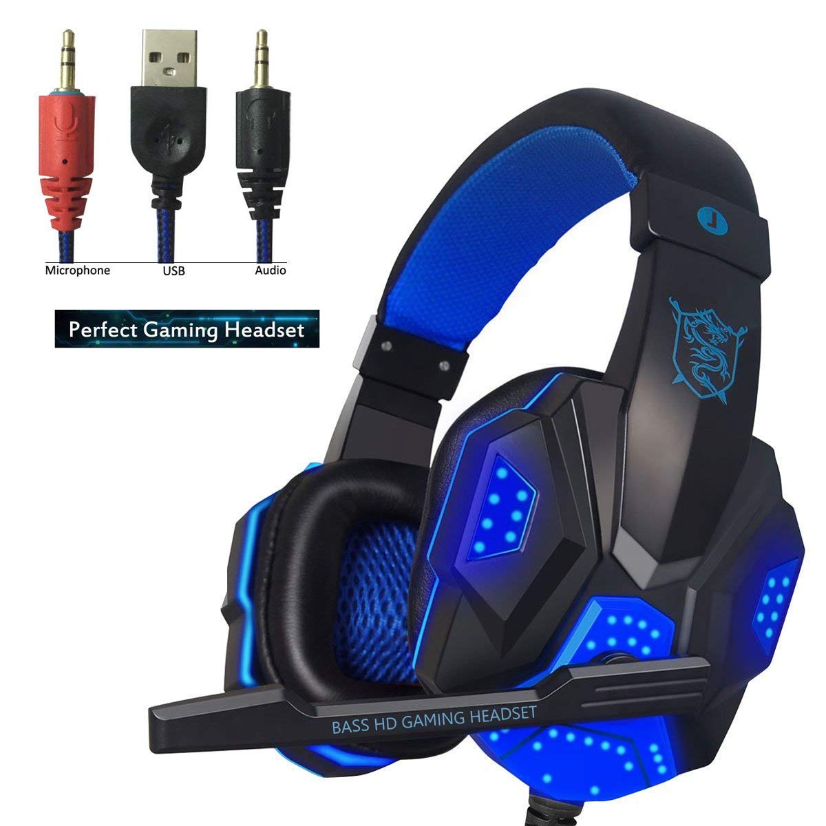Hyfanda Gaming Headset Over-Ear Headphones Stereo Bass LED Light Noise Reduction Earphones with Mic for PC Game (Black Blue)