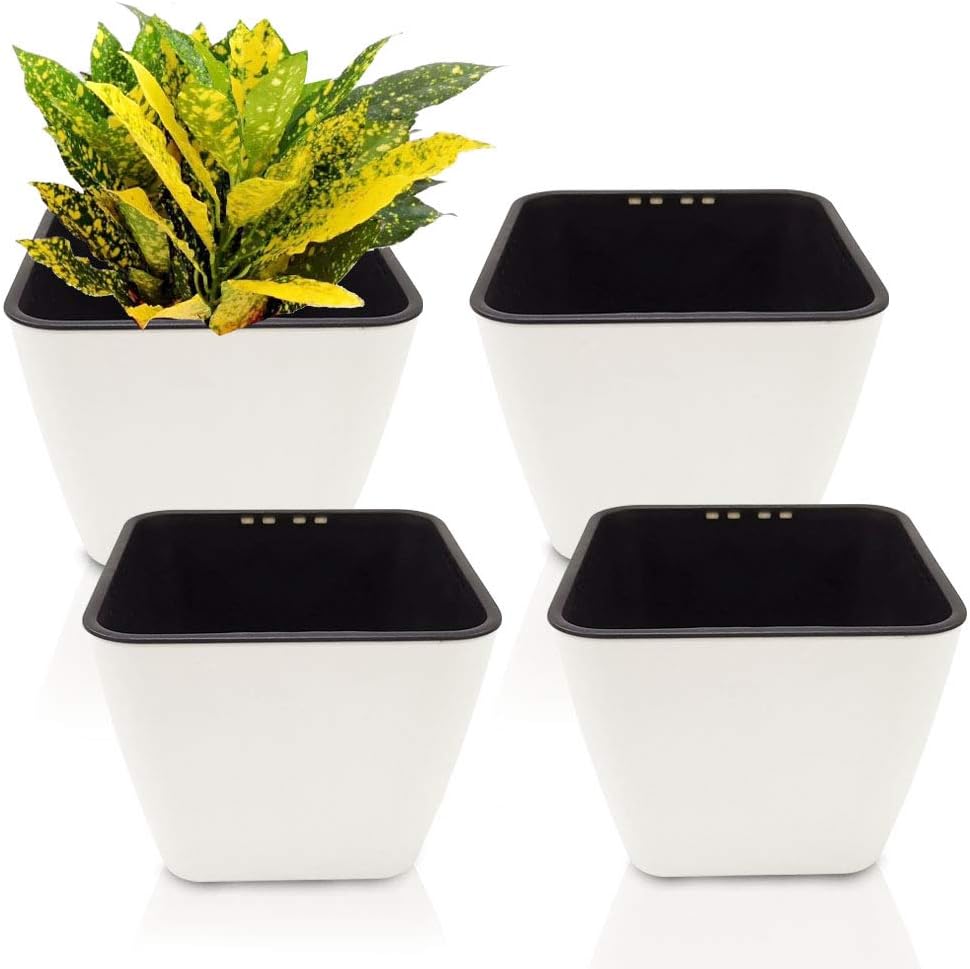 GreenSun Self Watering Planter Eco-Friendly Flower Plant Pots Decorative Gardening Pot 4" White Set of 4 Gardening Pots for All House Plants,Flowers,Herbs,Foliage Plants,Violets (Square, White)