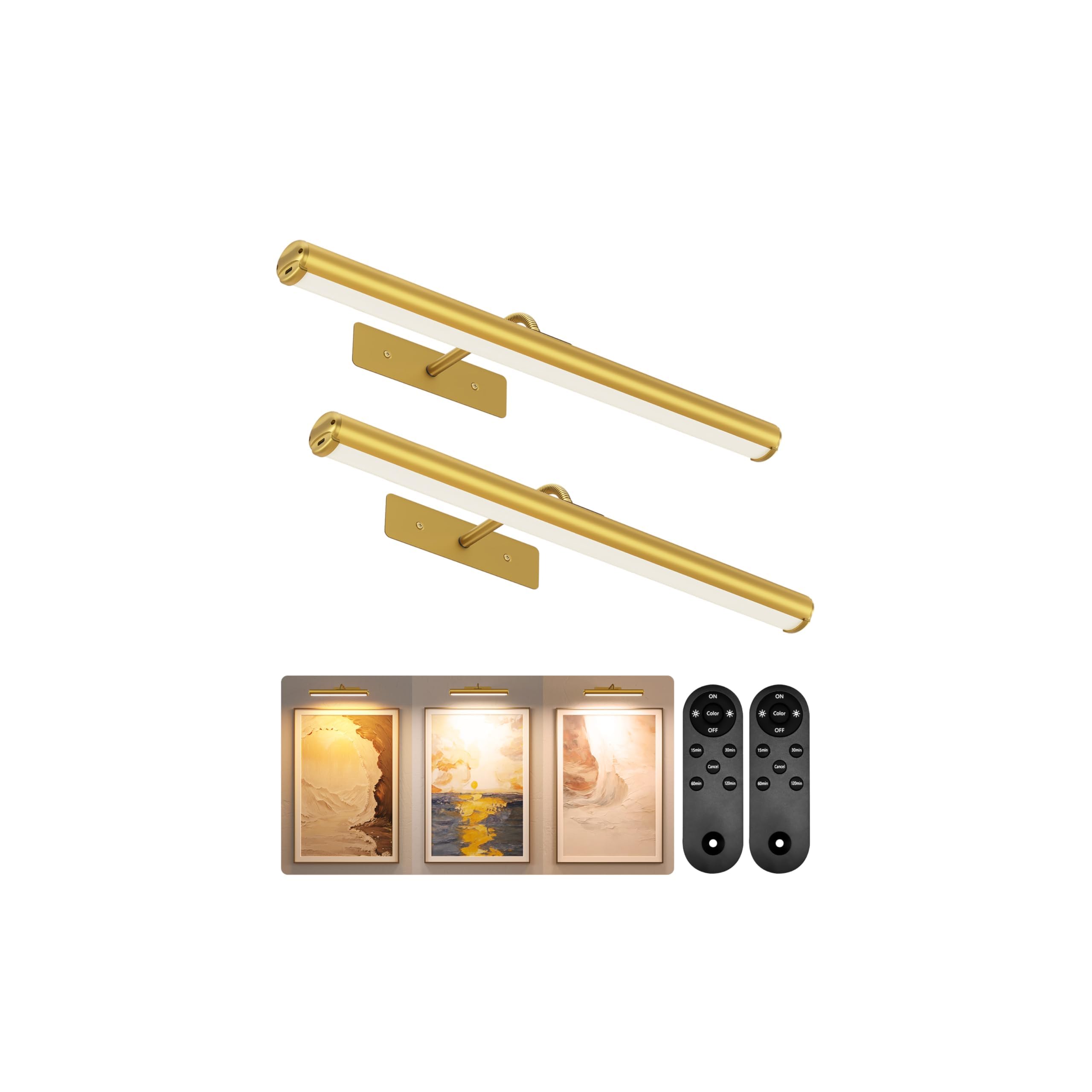 Photo 1 of EZVALO Picture Lights for Wall, 16'' Rechargeable 6000mAh Painting Lights with Remote, Wireless Dimmable 3 Color Temps Art Lights for Gallery, Living Room, Hallway (Gold, 2Pack)