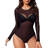 Buauty Long Sleeve Mesh Bodysuit for Women, Sheer Mesh Top Round Neck See Through Leotard Jumpsuit Snap Crotch Clubwear
