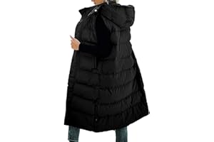 Womens Long Puffer Vest with Hood Full Zip Sleeveless Quilted Vest Warm Down Padded Jacket with Zipper Pockets