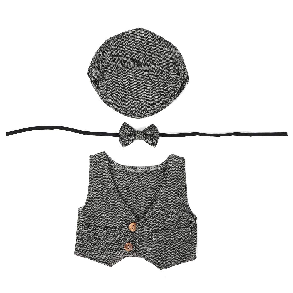 Newborn Baby Photography Props Gentleman Hat Bowtie Knitted Photography Costume Clothing Flat Hat for 0-1 Years Old Baby(Black Gray)