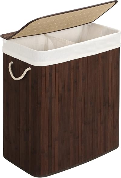 SONGMICS Bamboo Laundry Basket with Lid 2 Compartments 100L White LCB64WT