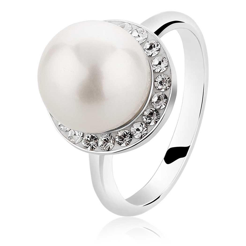 Nenalina Ring with White Pearl and Crystals Made of 925 Sterling Silver