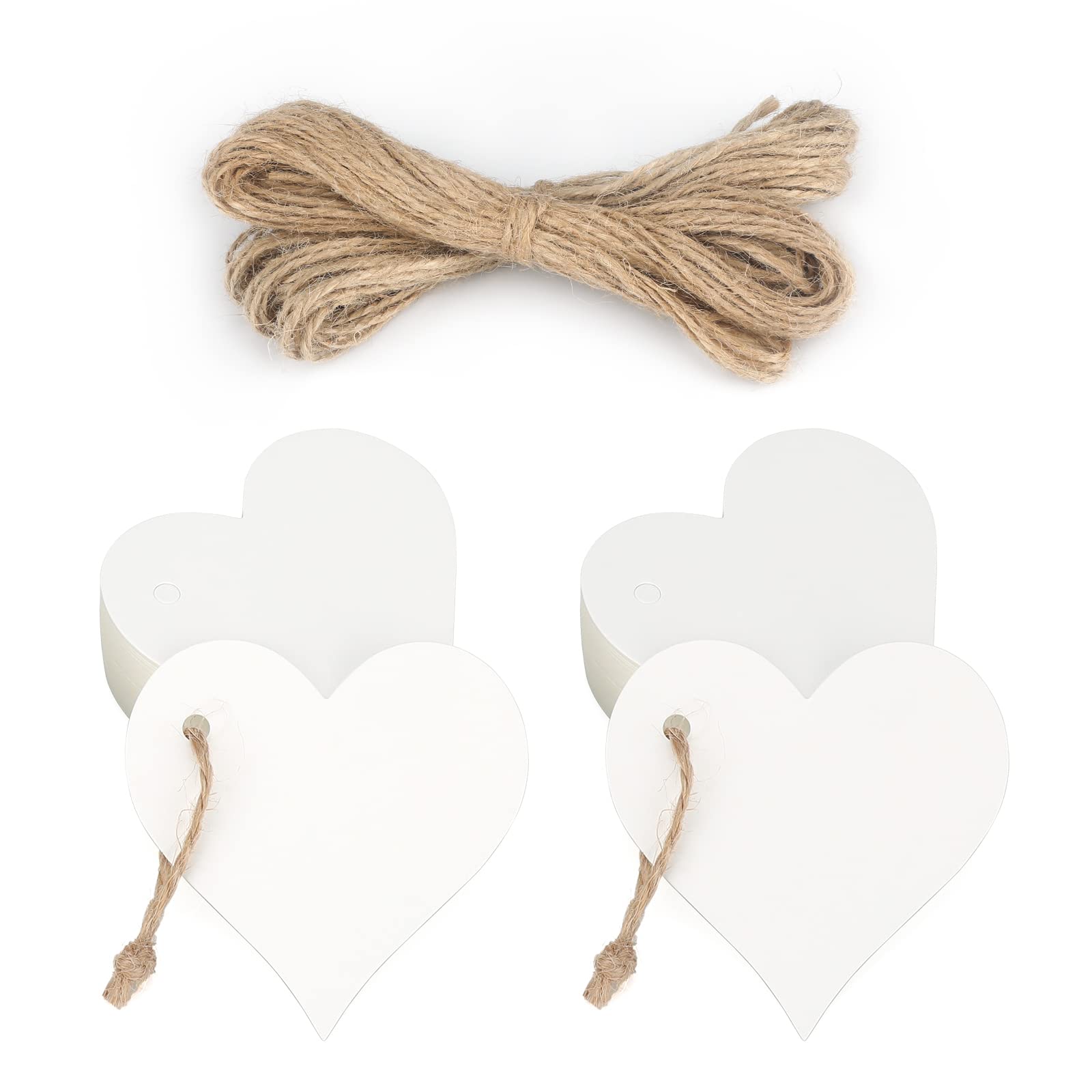 jijAcraft 100 Pcs White Heart Gift Tags with String, Heart Shape Kraft Paper Card Labels for DIY Crafts, Wedding, Valentine' Gift