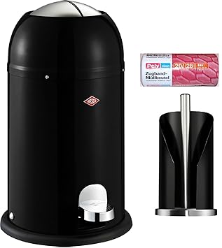 Wesco Kickmaster junior 12-Liter Abfallsammler schwarz + Küchenrollenhalter schwarz + 28 Müllbeutel im Set