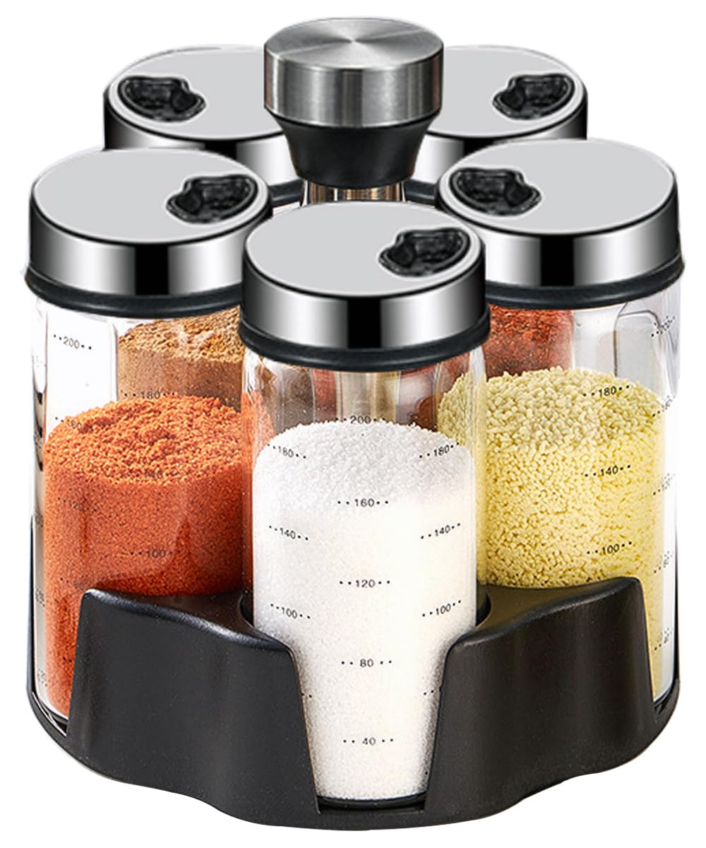 TINMIX Rotating Spice Rack Organiser, Rotating Spice Holder Rack for Kitchen Countertop Cabinet, 5 Large 200ml Jars