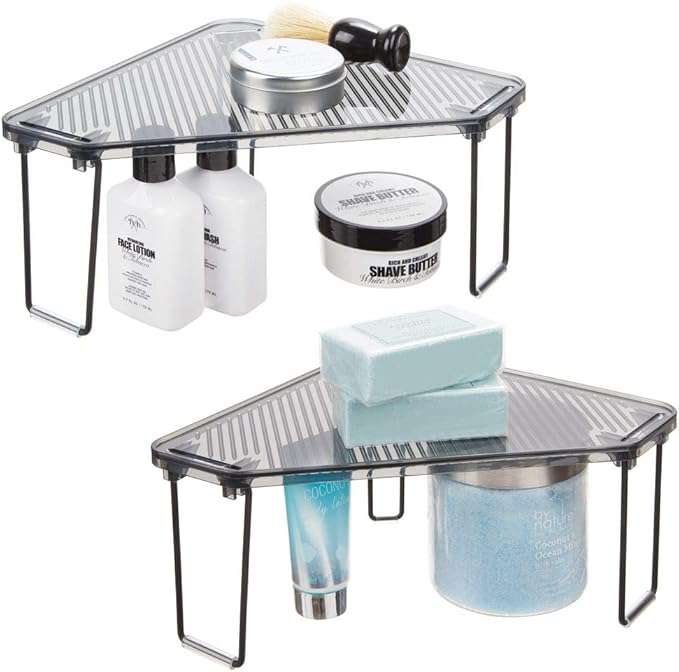 Amazon Com Mdesign Corner Plastic Metal Freestanding Stackable Organizer Shelf For Bathroom Vanity Countertop Or Cabinet For Storing Cosmetics Toiletries Facial Wipes Tissues 2 Pack Smoke Black Home Kitchen