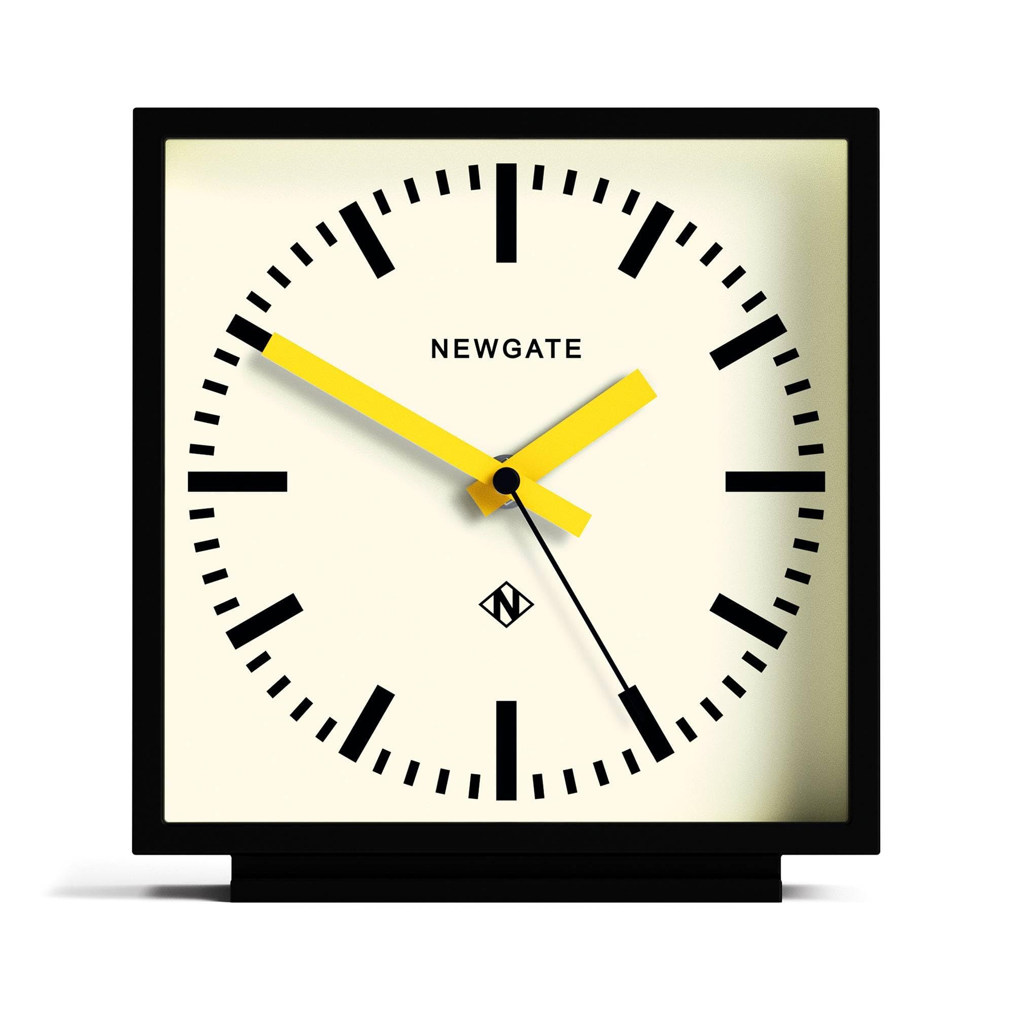NEWGATE® Amp desk clock | Square station clock design | Black case with yellow hands | Modern style for desk, table top, mantel, shelf or bedside