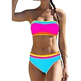 Sexybody Women's Bandeau Bikini Strapless Bikini Neon Color Block Two Piece Whip Stitch Trim Bathing Suits