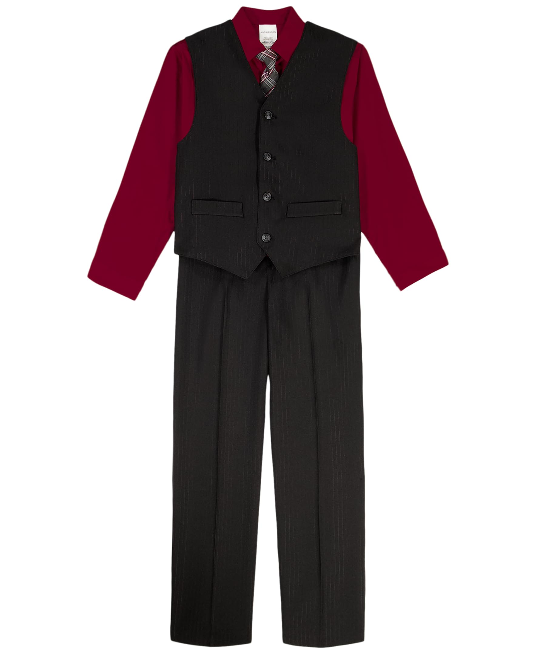 Van Heusen 4-Piece Formal Suit Set, Vest, Pants, Collared Dress Shirt, and Tie, Black/Luster Stripe, 10 Image
