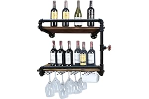 Industrial Wall Mounted Wine Racks with 4 Stem Glass Holder,24in Rustic Metal Hanging Wine Holder Glass Rack,2-Tiers Floating