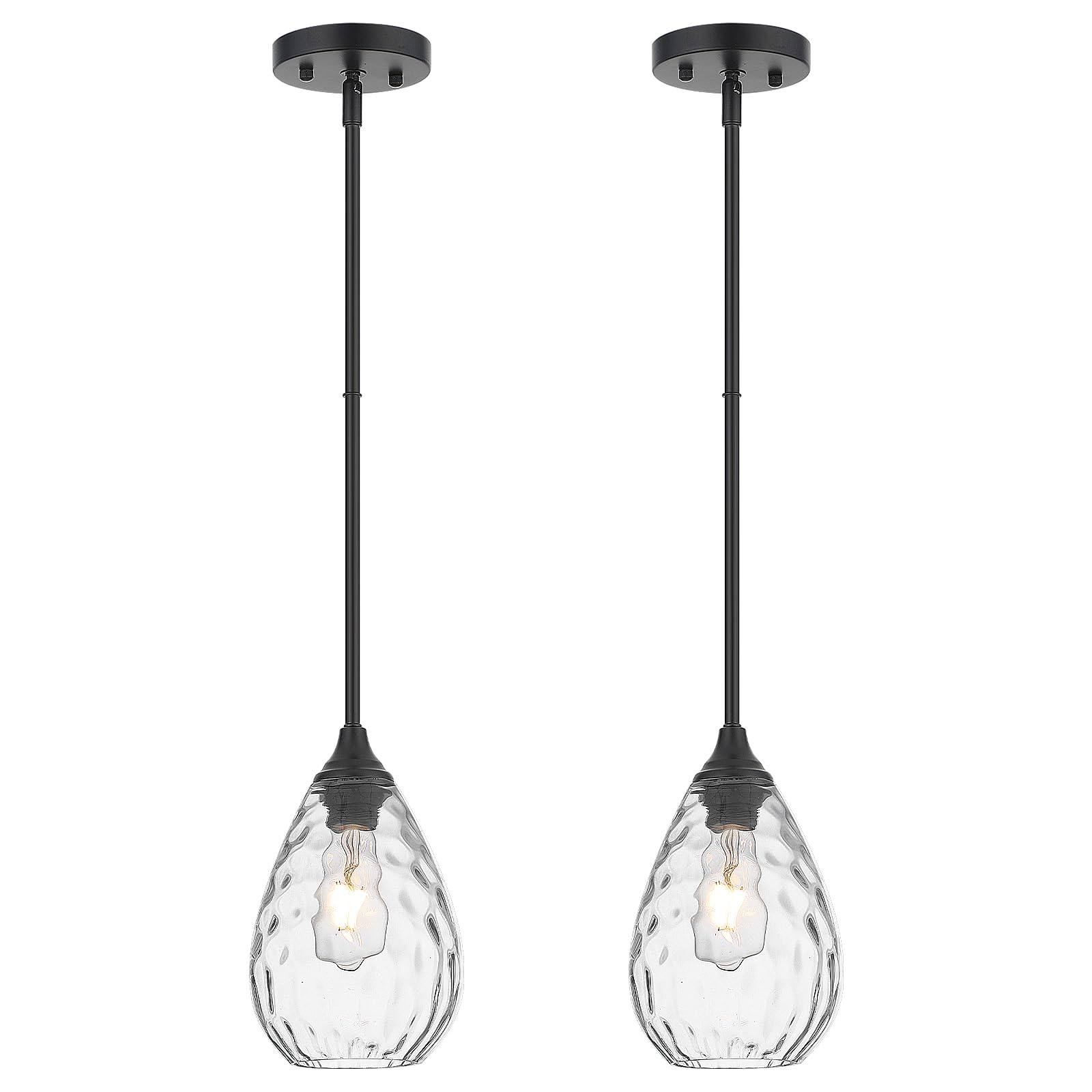 Photo 1 of SADUENFR Black Pendant Lights Kitchen Island 2 Pack, Modern Glass Pendant Light Fixtures with Hammered Glass and Rods, Adjustable Small Hanging Light for Kitchen Sink Dining Room Bathroom