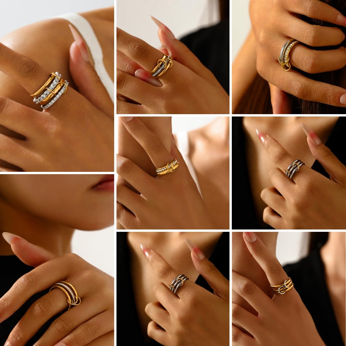 WanBigVa Gold Stackable Rings for Women Non Tarnish,Trendy Chunky Silver Gold Multi-Link Connected Stack Rings with Cubic Zirconia 14K Gold Plated Statement Rings Stackable Rings Set for Women