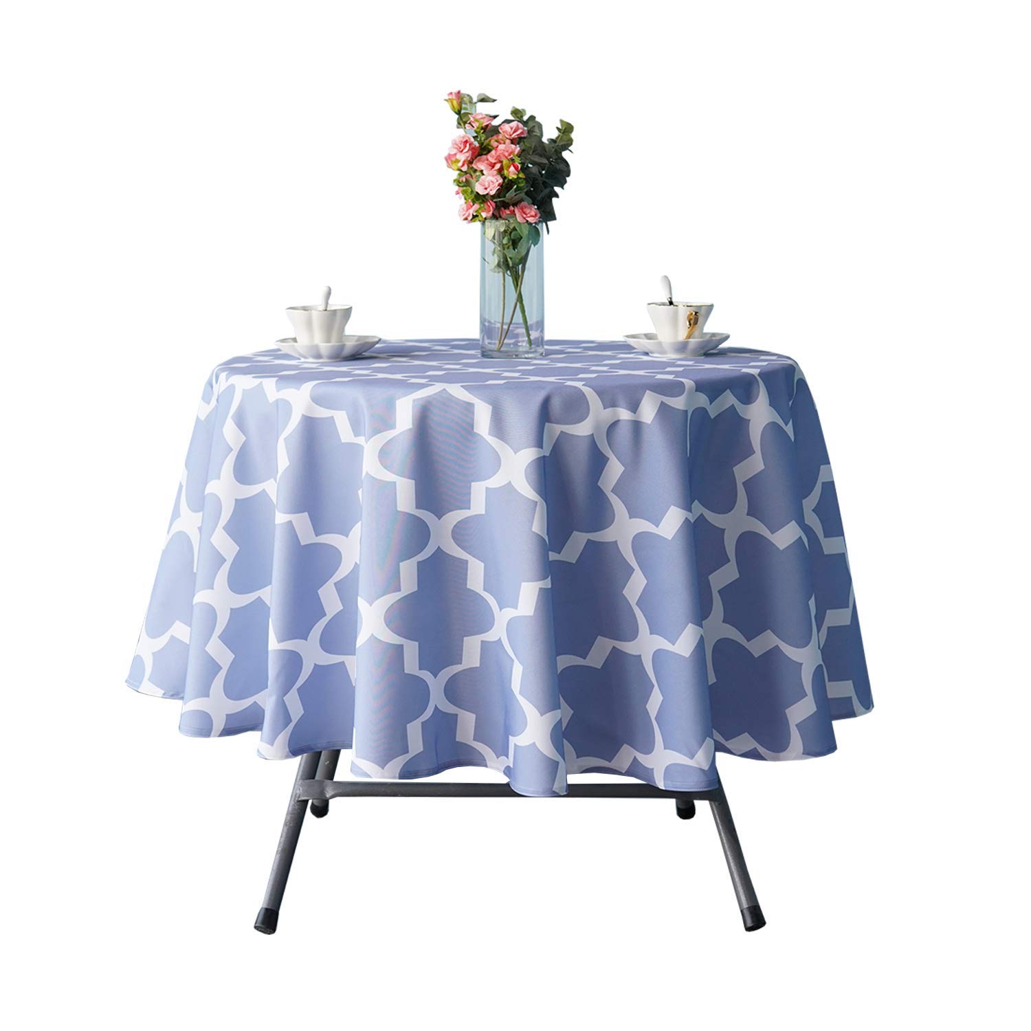 WedDecor Round Printed Tablecloth, Waterproof Polyester Table Cover With Geometric Design, Wrinkle Free & Stain Resistant for Garden Table, Patio, Picnic, Parties (70" Round, Blue Trellis)