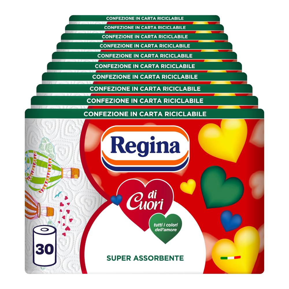 Regina di Cuori Kitchen Paper, Pack of 30 Rolls 2 Ply 50 Sheets per Roll, High Absorbency, Thick and Durable, 100% FSC Certified, Recyclable Paper Packaging