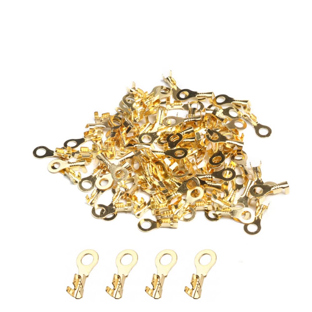 100Pcs Ring Lug Terminals, Brass Crimp Cable Connector Wire Terminals Assortment Kit for Machinery, Auto and Home Appliance (M4 4.2mm)