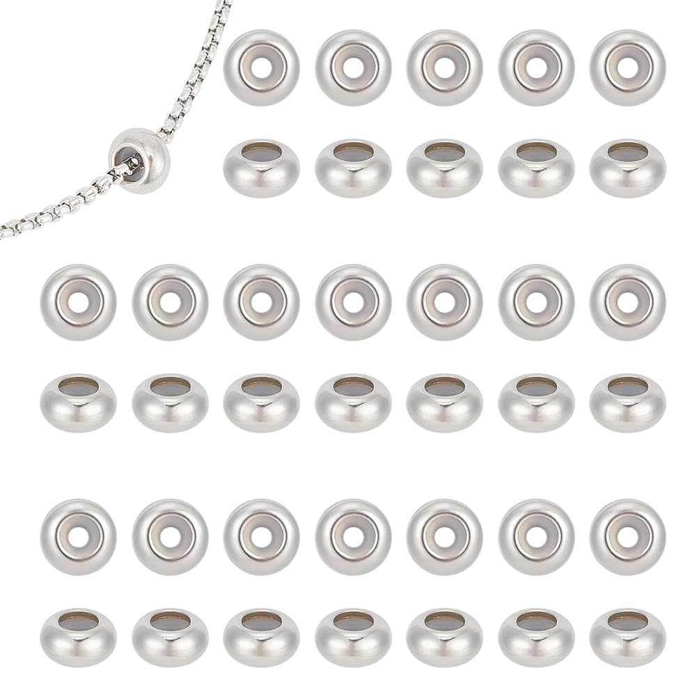 UNICRAFTALE 50pcs 2mm Hole Rondelle Stopper Beads Stainless Steel Adjustable Slider Beads with Rubber Inside Bead Finding Beads Bracelet for DIY Necklaces Bracelets Jewelry Making