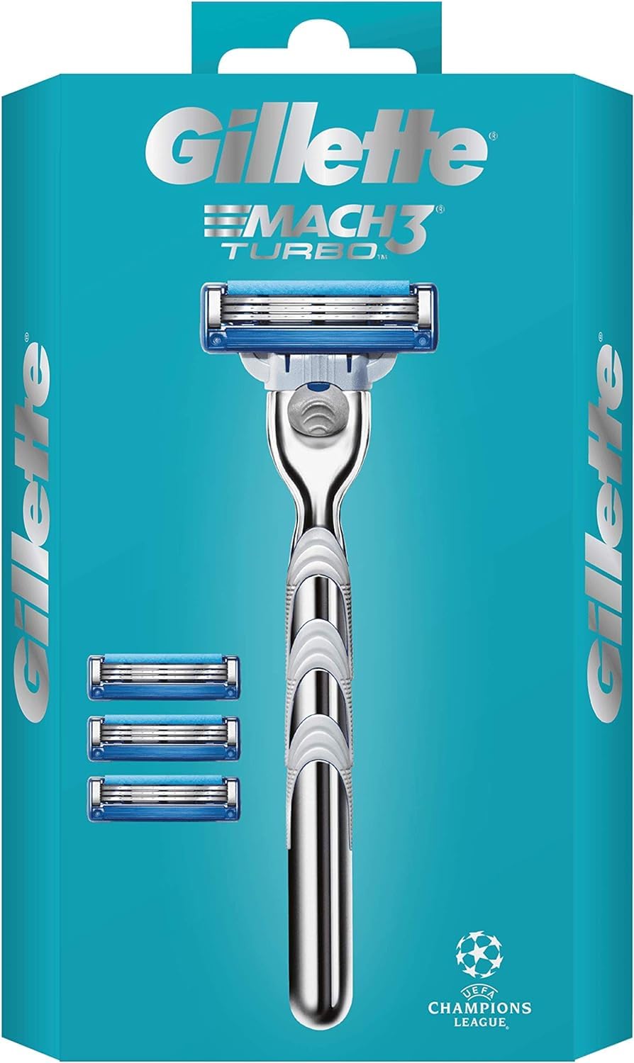 Gillette Mach3 Turbo Razor for Men + 3 Stronger-Than-Steel Refill Blades