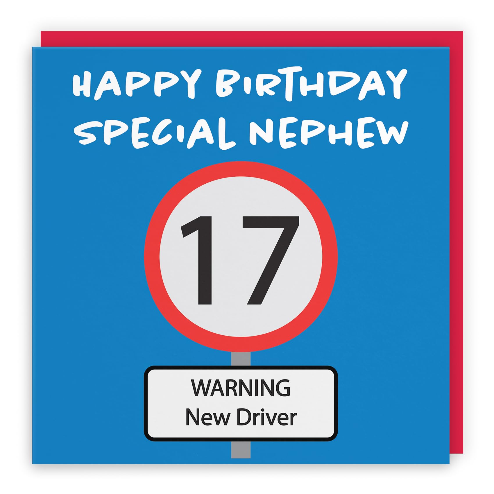 Hunts England - Large Nephew 17th Birthday Card - Large Size - Happy Birthday - Special Nephew - Warning New Driver - Road Sign Collection - Large - 210 x 210 mm - Red Envelope - Age 17