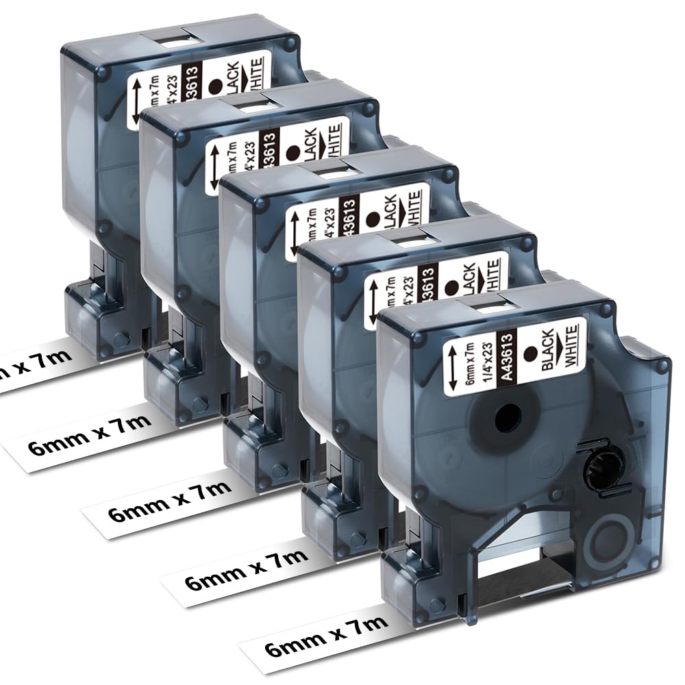 Oozmas Label Tape Replacement for Dymo D1 Tape 6mm x 7m 43613 Black on White, Compatible with Dymo Label Maker 160 210D 360D 420P 450D 500TS, 5-Pack