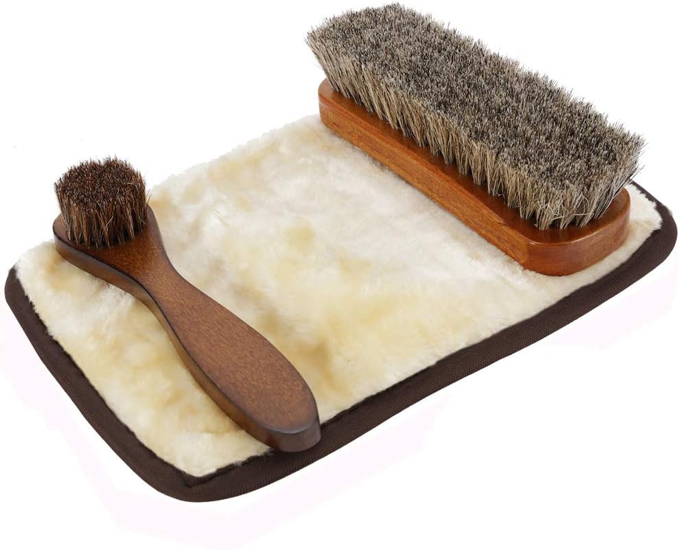 Shoe Brush Set, Bluesees Shoe Shine Kit Horsehair Brushes Soft Boot Brush+Round Brush+Gloves With Natural Horsehair Wipe For Bristles, Furniture, Car Seats, Sofas,Bag & Other Leather Care (3pcs/Set)