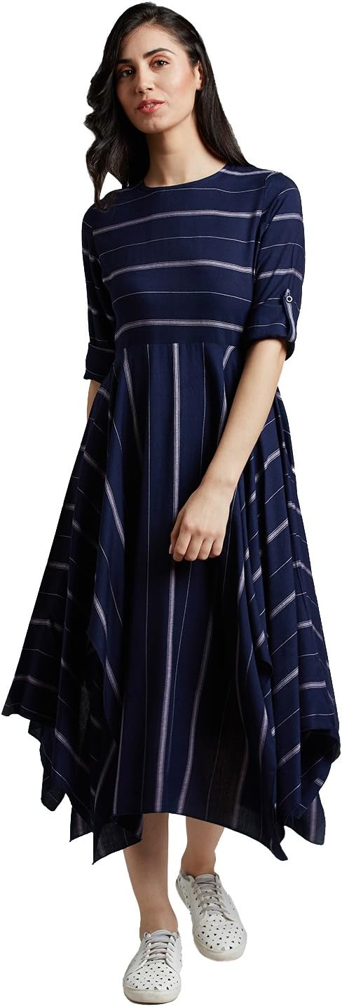 Desi Fusion Women's Cotton Striped Dress