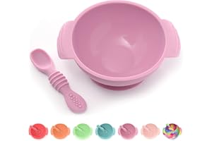 PrimaStella Unbreakable Silicone Non-Slip Bowl and Chew Spoon Set for Babies and Toddlers (Purple)