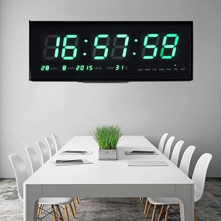 GOTOTOP Wanduhren, Grün LED Wanduhr Digital Uhr mit Datum Temperatur Feuchtigkeit für Büro Bar Cafe, 48 x 19 x 5cm