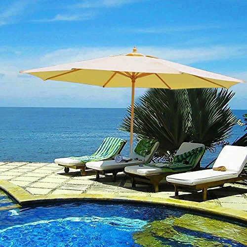 13' Ft Patio Wooden Umbrella Sunshade German Beech Wood Pole Outdoor Beach Beige with Ebook